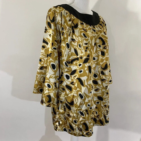 Gold BCBG Maxazria Blouse Womens Medium Black Neckline Silky Office Party Work - Picture 3 of 7